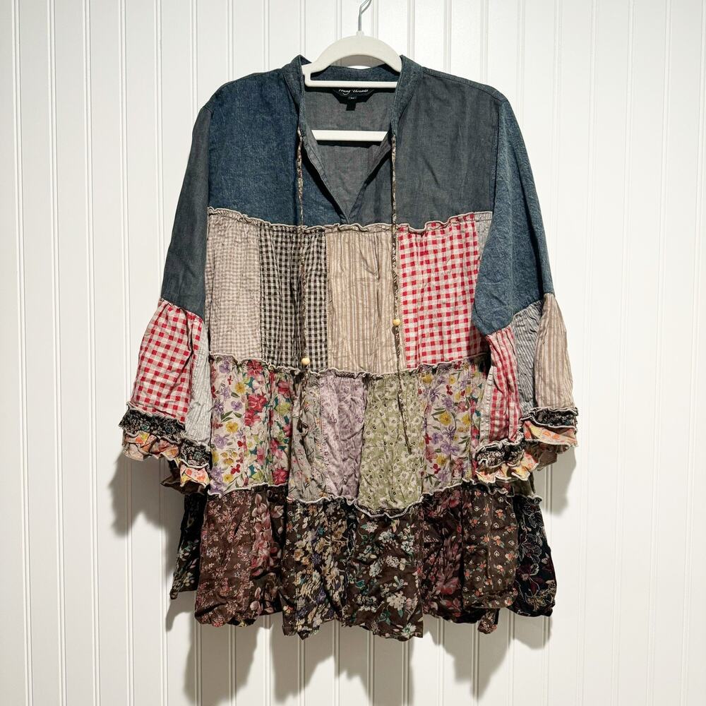 Young Threads Denim Patchwork Peasant Blouse Size Medium Boho Country Western